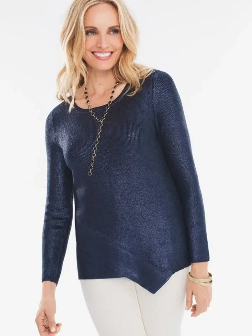 Chico's Metallic Foil Pullover Sweater LS Asymmetric Blue Knit Holiday Size 1